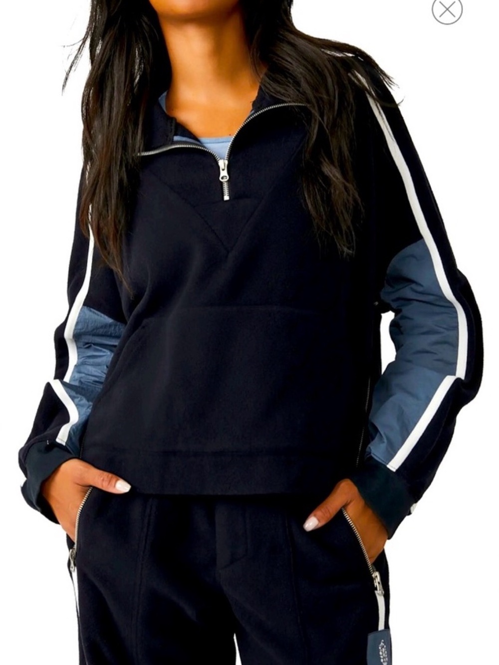 Free People Navy and Light Blue Half-Zip Pullover Sweater
